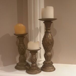 Antique-Style Gold Resin Pillar Candle Holders - Set of 3